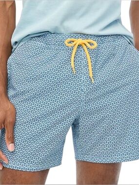 J. Crew Blue and White Geometric Swim Shorts with Yellow Drawstring